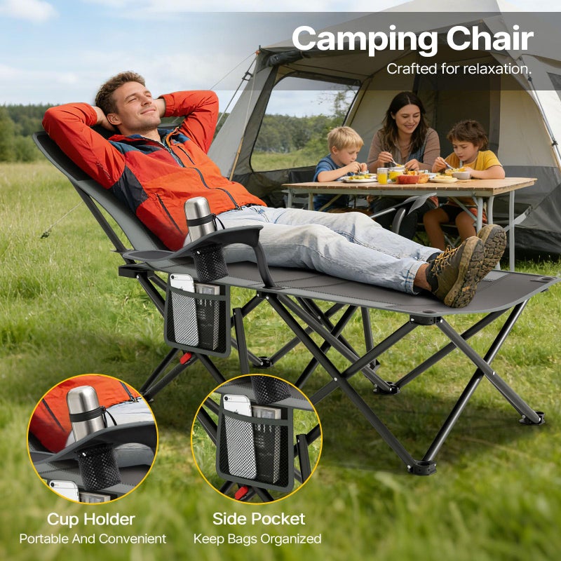 Suteck Camping Chair with Foot Rest, Lightweight Foldable Beach Chairs, Adjustable 90Â°- 140Â°Reclining Lounge Chair Heavy Duty Outdoor Chairs for Outside with Detachable Pillow & Carry Bag Black - Image 4
