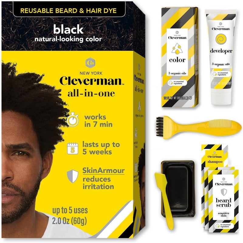 CLEVERMAN Reusable Hair & Beard Dye for Black Men – Black | Up to 5 Uses, 7 Minutes | Natural Gray Coverage, No-Drip Cream with SkinArmour® – Cleverman - Image 1