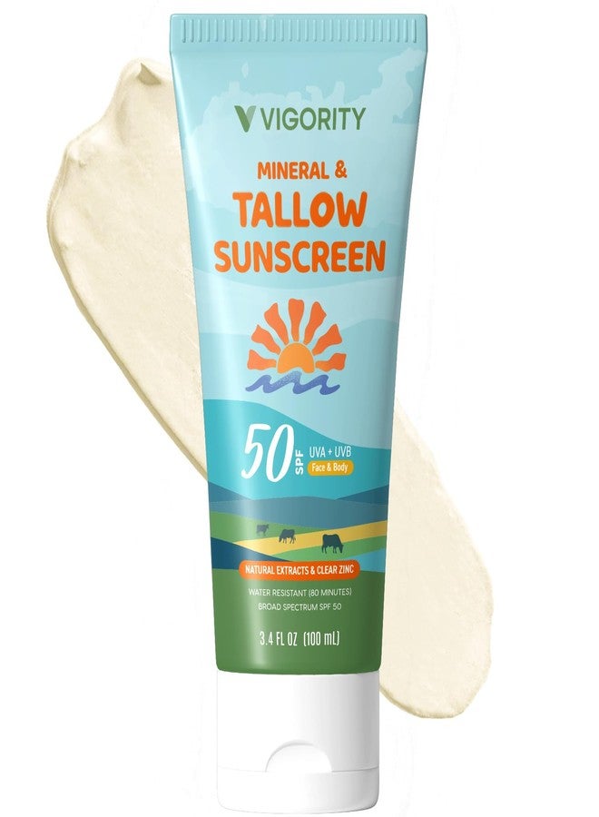 VIGORITY Beef Tallow Sunscreen with Zinc Oxide: Natural Non-Toxic SPF 50 Tallow Sunblock Cream for Face & Body - with 10 Food-Grade Botanical Extracts - Kids & Sensitive Skin Safe, Water-Resistant - 3.4 FL OZ - Image 1