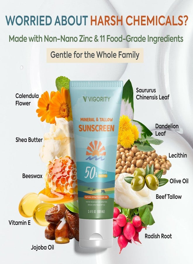VIGORITY Beef Tallow Sunscreen with Zinc Oxide: Natural Non-Toxic SPF 50 Tallow Sunblock Cream for Face & Body - with 10 Food-Grade Botanical Extracts - Kids & Sensitive Skin Safe, Water-Resistant - 3.4 FL OZ - Image 3