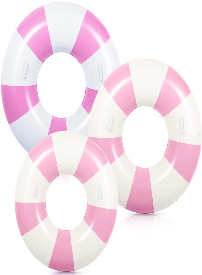WinnerWhy 3 Pcs Large Swim Ring with Handles Set 47.24" 39.37" 35.43" Inflatable Pool Inner Tube Classic Striped Pool Ring Floats for Adults Teens Summer Lounger Beach Party Supplies (Pink, White) - Image 1