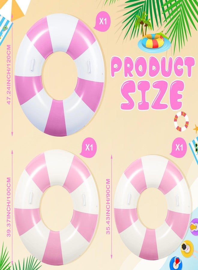 WinnerWhy 3 Pcs Large Swim Ring with Handles Set 47.24" 39.37" 35.43" Inflatable Pool Inner Tube Classic Striped Pool Ring Floats for Adults Teens Summer Lounger Beach Party Supplies (Pink, White) - Image 2