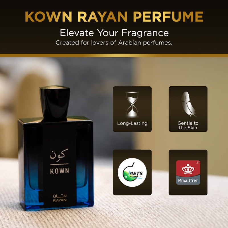 RAYAN Kown - Modern Woody Oud Perfume for Men, Arabian Eau De Parfum, 100mL (3.34 Fl oz) Perfumes Arabes Para Hombres, Long Lasting Perfume with Bergamot, Lavender, Cardamom & Oud, Ideal Gift for Him - Image 4