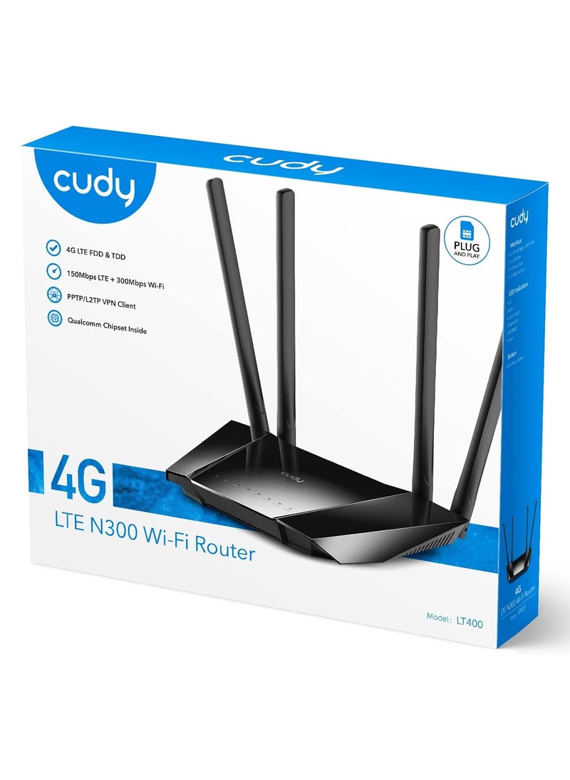 cudy - N300 WiFi Unlocked 4G LTE Modem Router with SIM Card Slot, 300Mbps WiFi, LTE Cat4, EC25-AFX Qualcomm Chipset, 5dBi High Gain Antennas, FDD, DDNS, VPN, Cloudflare, Plug and Play, LT400 - Image 1