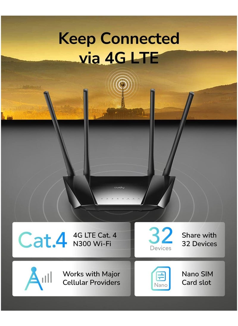 cudy - N300 WiFi Unlocked 4G LTE Modem Router with SIM Card Slot, 300Mbps WiFi, LTE Cat4, EC25-AFX Qualcomm Chipset, 5dBi High Gain Antennas, FDD, DDNS, VPN, Cloudflare, Plug and Play, LT400 - Image 1