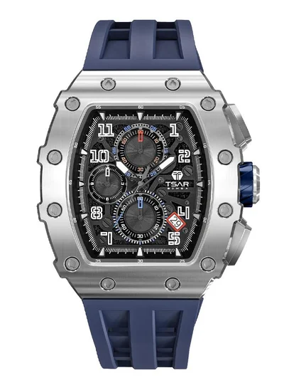 TSAR BOMBA Elemental Series 43mm Chronograph Men's Watch with Blue Silicone Strap