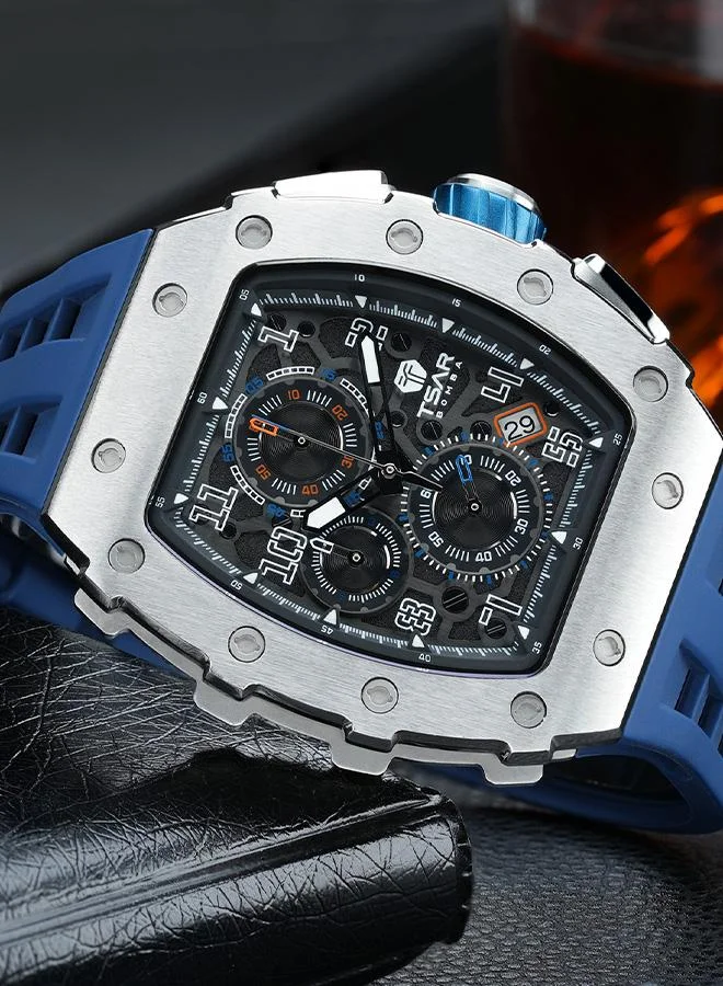 TSAR BOMBA Elemental Series 43mm Chronograph Men's Watch with Blue Silicone Strap