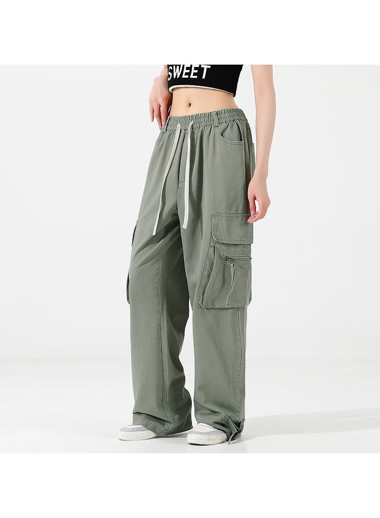 Loquat Men/Women Pure Cotton Straight Tube Multi Pocket Long Pants Hip-Hop Overalls Light Green  - Image 2