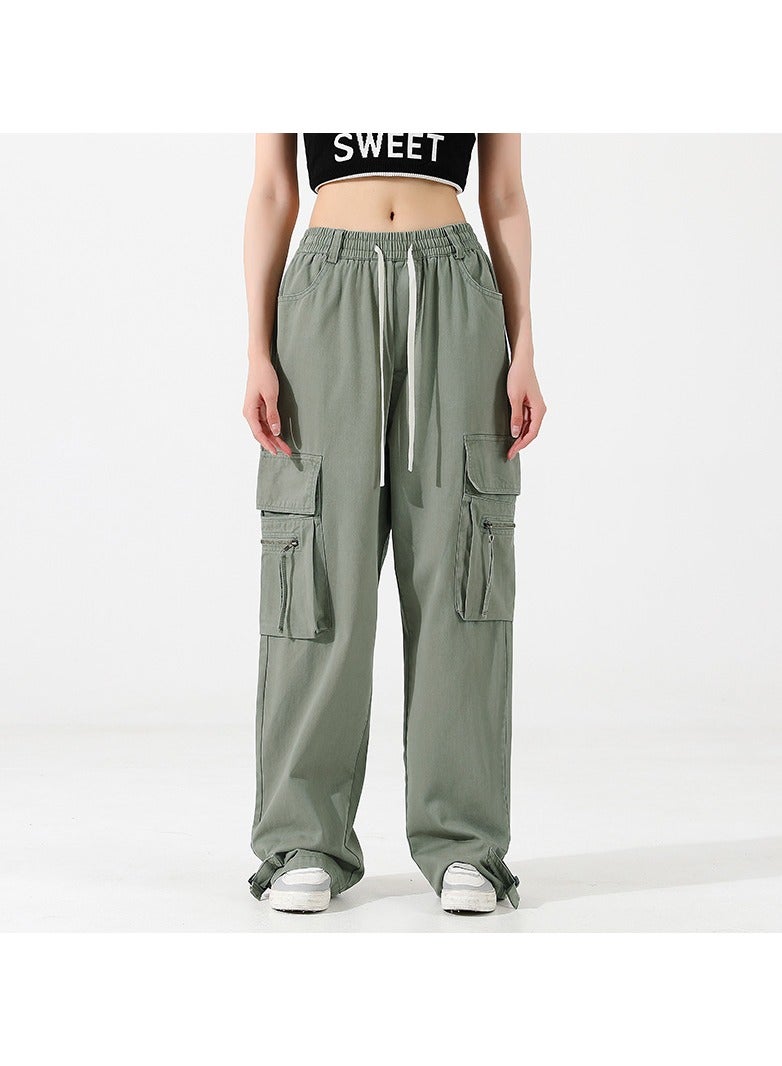 Loquat Men/Women Pure Cotton Straight Tube Multi Pocket Long Pants Hip-Hop Overalls Light Green  - Image 1