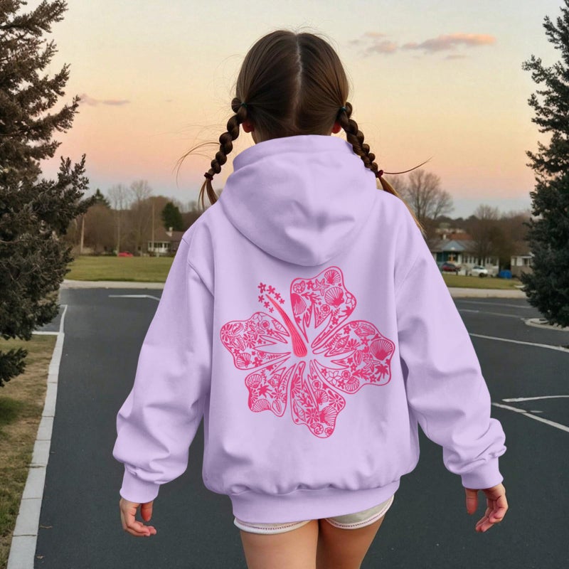 Lubpow Cute Pink Hoodie Kids Girls Aesthetic Preppy Hibiscus Flower Puff Hoodies Kawaii Hawaii Palm Beach Graphic Pullover(Light Purple,160) - Image 4
