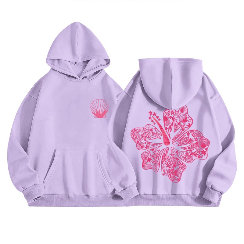 Lubpow Cute Pink Hoodie Kids Girls Aesthetic Preppy Hibiscus Flower Puff Hoodies Kawaii Hawaii Palm Beach Graphic Pullover(Light Purple,160) - Image 1