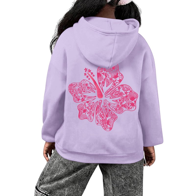 Lubpow Cute Pink Hoodie Kids Girls Aesthetic Preppy Hibiscus Flower Puff Hoodies Kawaii Hawaii Palm Beach Graphic Pullover(Light Purple,160) - Image 2