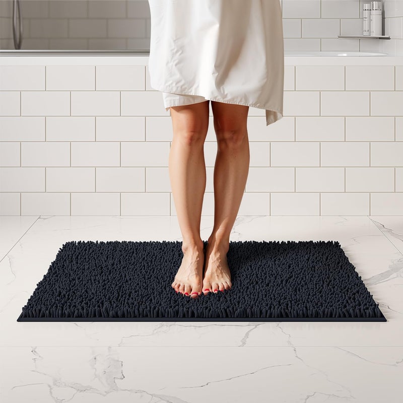 ITSOFT Plush Bathroom Rug 34x21 Absorbent Machine Washable Non Slip Chenille Bath Mats Quick Dry Bathmat Bath Rugs for Bath Shower Bedroom or Door Mat Black