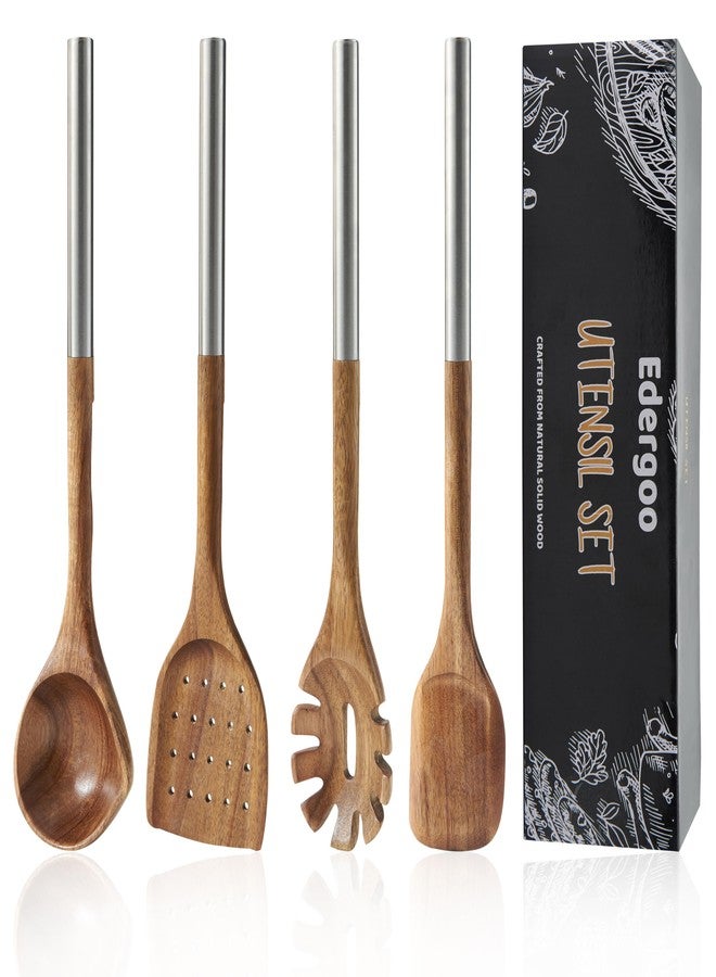 Edergoo 4 PCS Acacia Wood Cooking Utensils Set with Magnetic Hanging Handles Stainless Steel, Heat-Resistant Multi Function Cooking Tools - Image 1