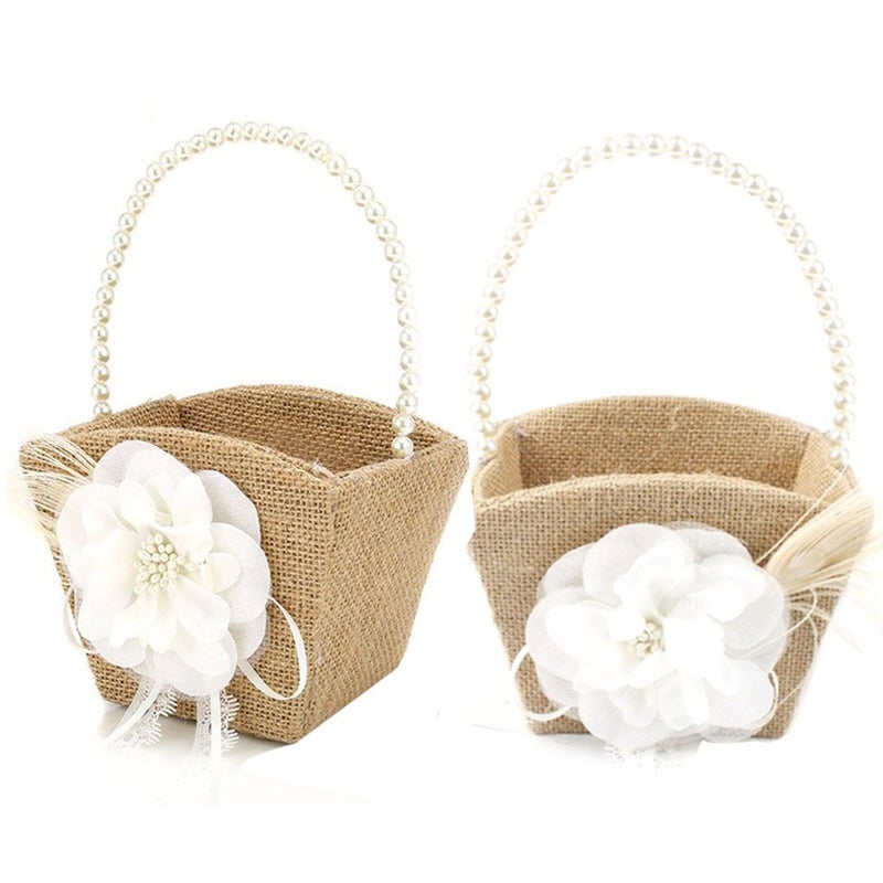 Bodosac 2PCS Burlap Flower Girl Basket Pearl Handle For Vintage Rustic Wedding CeremonySmall white lace