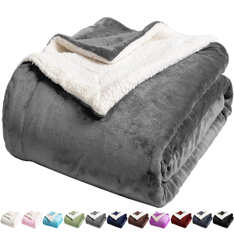 LBRO2M LBRO2M Sherpa Blanket Super Soft Fuzzy Plush Warm Cozy Fluffy Throw Reversible Luxurious Blankets Queen90x90 Inches Grey 
