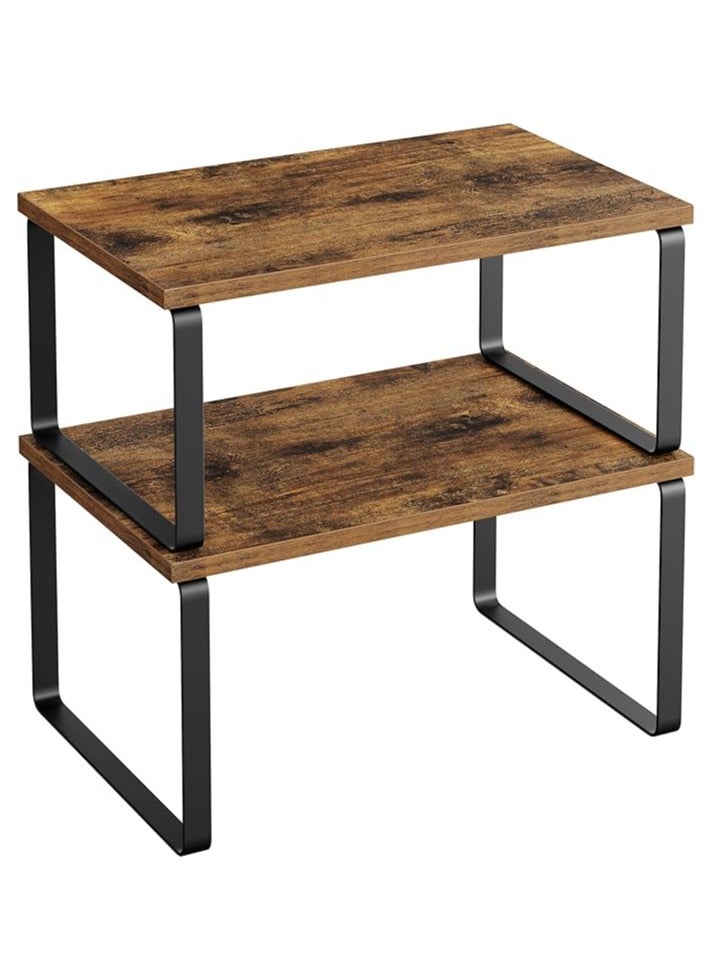 Arabest Cabinet Organizer Shelf, Set of 2 Kitchen Counter Shelves, Kitchen Storage, Spice Rack, Stackable, Expandable, Metal and Engineered Wood, Ink Black and Rustic Brown - Image 1