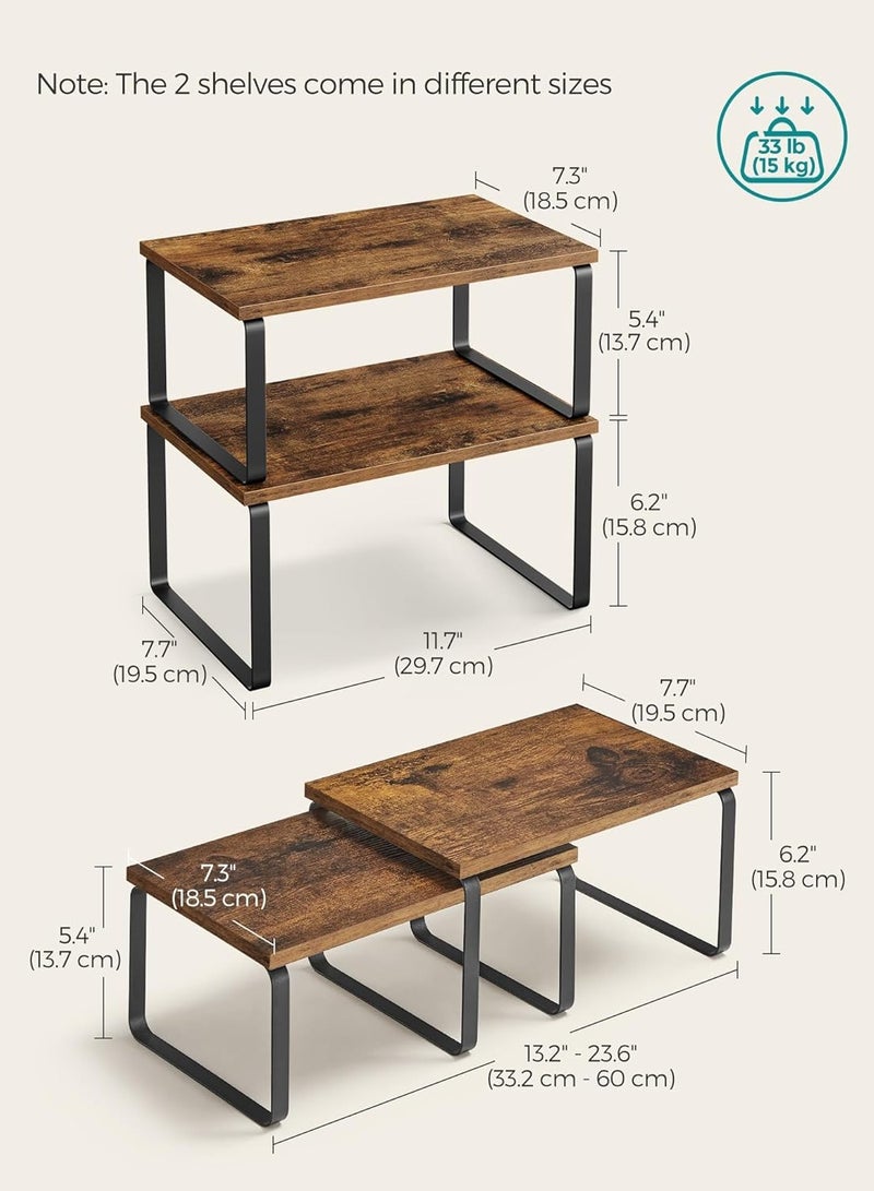 Arabest Cabinet Organizer Shelf, Set of 2 Kitchen Counter Shelves, Kitchen Storage, Spice Rack, Stackable, Expandable, Metal and Engineered Wood, Ink Black and Rustic Brown - Image 5