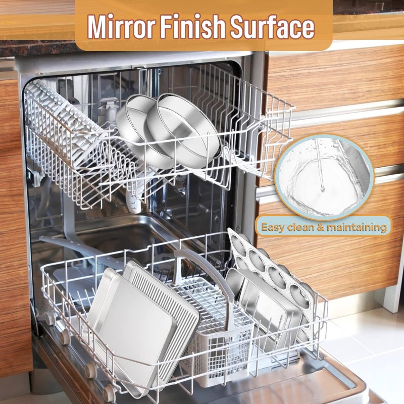 E-far مجموعة صواني الخبز E-far المكونة من 6 قطع، مجموعة أواني خبز من الفولاذ المقاوم للصدأ للفرن، تشمل صينية كعكة 8 بوصات/صينية خبز مستطيلة/صينية مافن/صينية خبز، غير سامة وقوية، آمنة في غسالة الصحون - Image 5