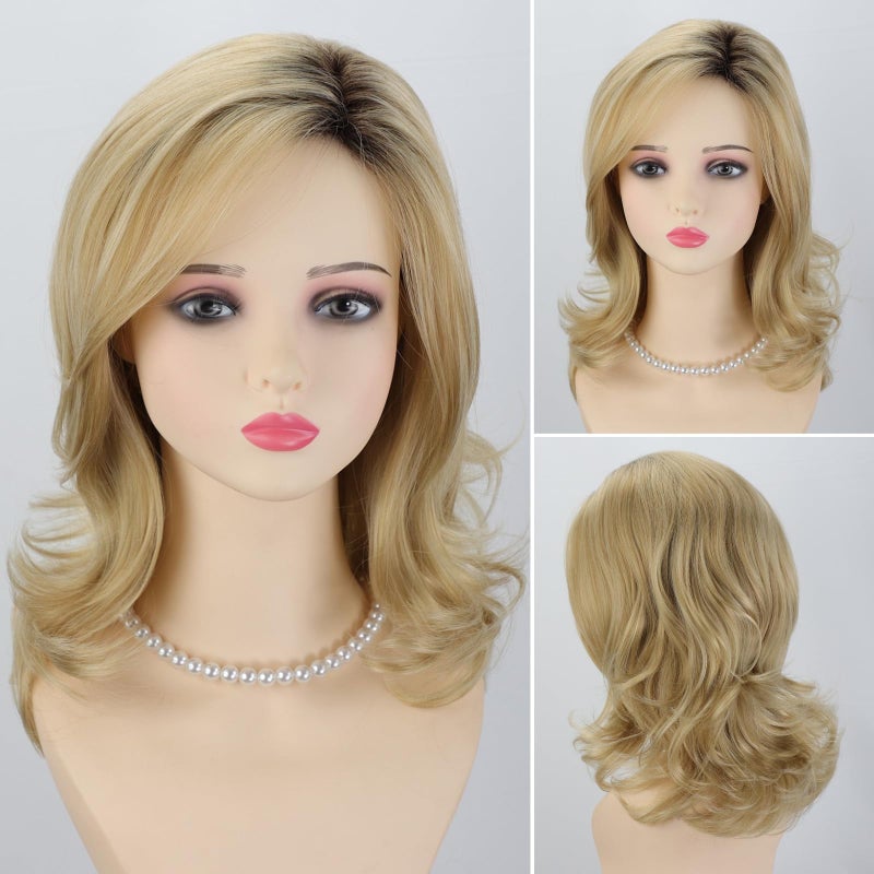 RENERSHOW Medium Blonde Curly Wigs for White Women Ombre Blonde Wavy Synthetic Wig with Dark Roots Side Part Wavy Hair Repalcement Wig