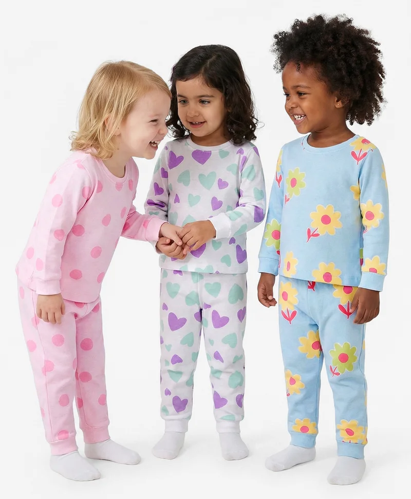 Bonfino Bonfino 100% Cotton Printed Pajama Sets with Polka Dots, Hearts & Floral Prints (Pack of 3) - Blue/White/Pink