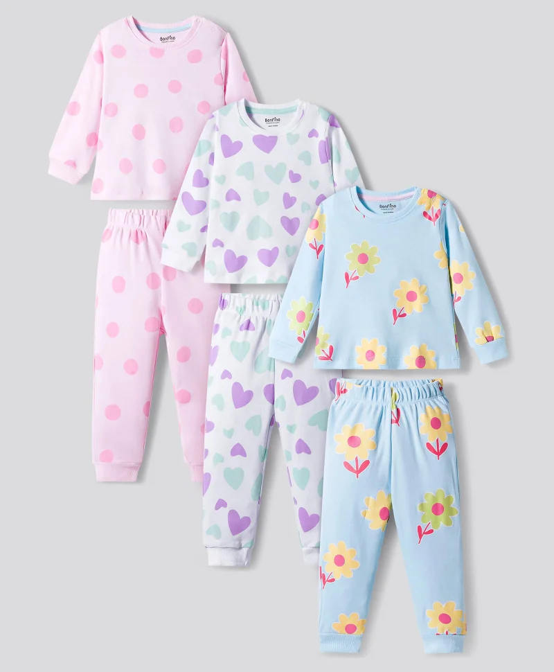 Bonfino Bonfino 100% Cotton Printed Pajama Sets with Polka Dots, Hearts & Floral Prints (Pack of 3) - Blue/White/Pink
