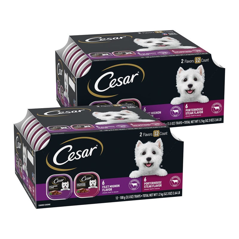 Cesar Wet Dog Food Classic Loaf in Sauce, Filet Mignon Flavor and Porter House Flavor, 3.5 oz. Easy Peel Trays, 12 Count (Pack of 2) - Image 1