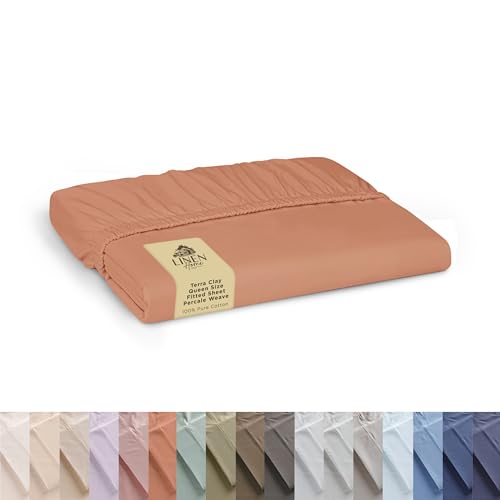 Linen Home 100% Cotton Percale Weave Fitted Sheet, Queen Size, Tera Clay, 1 Deep Pocket Fitted Sheet, Fits Mattress Upto 16" Crisp and Cool Strong Bed Linen, 60"X80"+15"