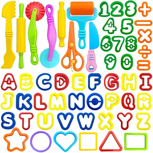 iShyan Dough Tools 55 PCS Dough Play Tools Set for Kids, Plastic Alphabet Numbers Shapes Cutters, Rollers, Scissors - Image 1