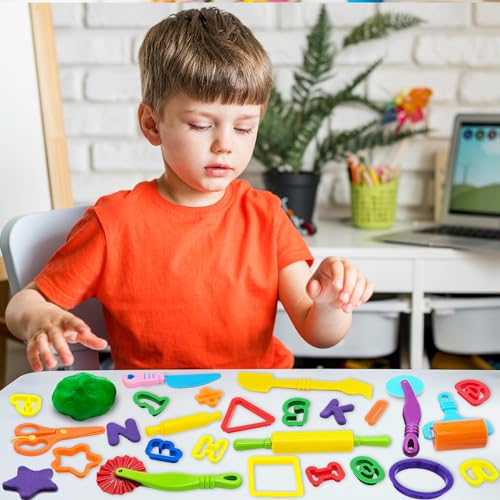 iShyan Dough Tools 55 PCS Dough Play Tools Set for Kids, Plastic Alphabet Numbers Shapes Cutters, Rollers, Scissors - Image 5