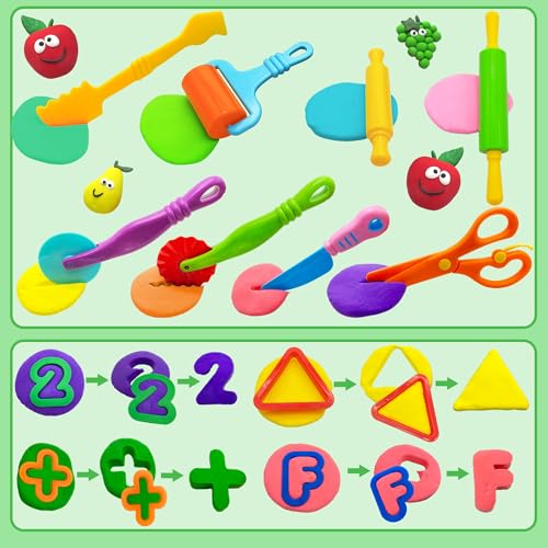 iShyan Dough Tools 55 PCS Dough Play Tools Set for Kids, Plastic Alphabet Numbers Shapes Cutters, Rollers, Scissors - Image 3