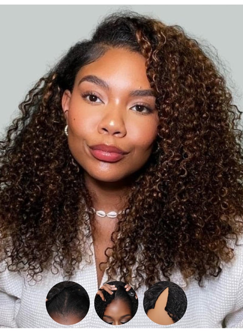 Sunber Sunber V Part Human Hair Curly Glueless Wig EasiContour V Part Wig Ombre Brown Curly Vpart GLueless Wig None Lace Brown Ombre Brown Curly Human Hair No Sew in Half Wig Curly 180 Density 20Inch 