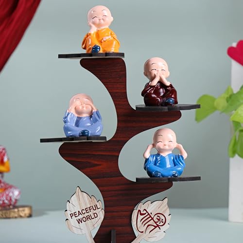 FlowerAura Decorative Set of 4 Adorable Buddha Monk Figurines With Wooden Stand For Peaceful Home Decor & Office Decor, Special Gifting, Ideal for Living Room, Meditation Spaces, and Special Occasions - Image 3