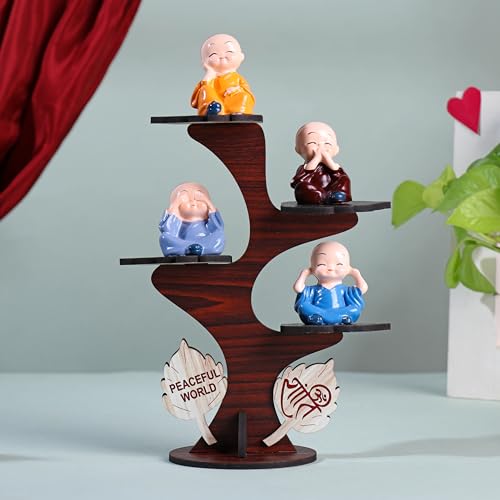 FlowerAura Decorative Set of 4 Adorable Buddha Monk Figurines With Wooden Stand For Peaceful Home Decor & Office Decor, Special Gifting, Ideal for Living Room, Meditation Spaces, and Special Occasions - Image 1