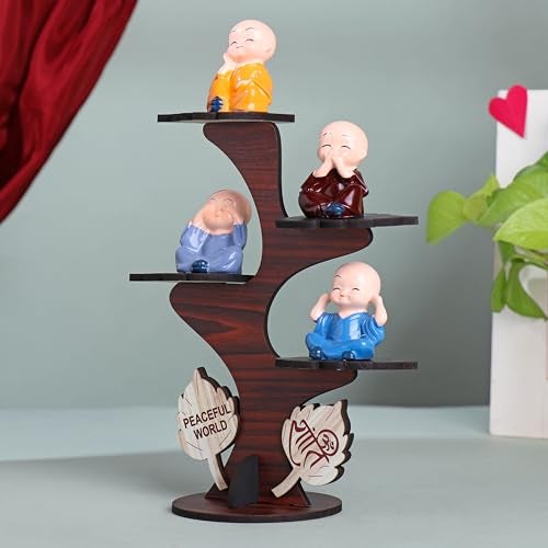 FlowerAura Decorative Set of 4 Adorable Buddha Monk Figurines With Wooden Stand For Peaceful Home Decor & Office Decor, Special Gifting, Ideal for Living Room, Meditation Spaces, and Special Occasions - Image 5
