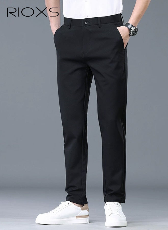RIOXS Men's Dress Pants, Casual Slim Fit Formal Pants for Men, Beathable Wrinkle Free Men's Business Pants with Pockets, Comfort Stretch Expandable Waist Suit Pants Golf Pants for Work, Meeting, Dating, Prom, Wedding and More, Black - Image 1