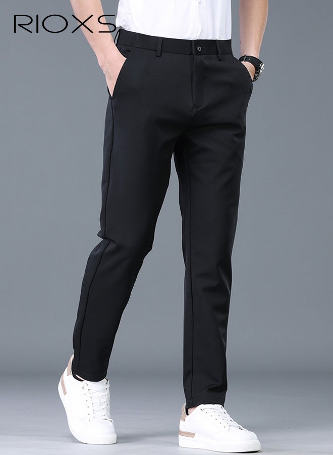 RIOXS Men's Dress Pants, Casual Slim Fit Formal Pants for Men, Beathable Wrinkle Free Men's Business Pants with Pockets, Comfort Stretch Expandable Waist Suit Pants Golf Pants for Work, Meeting, Dating, Prom, Wedding and More, Black - Image 2