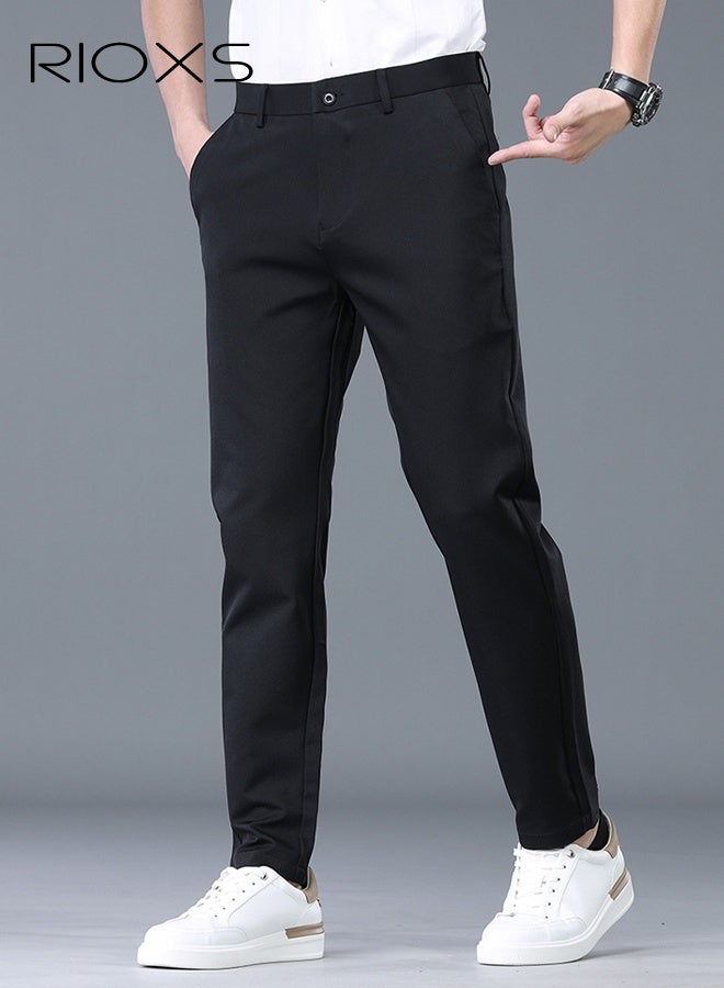 RIOXS Men's Dress Pants, Casual Slim Fit Formal Pants for Men, Beathable Wrinkle Free Men's Business Pants with Pockets, Comfort Stretch Expandable Waist Suit Pants Golf Pants for Work, Meeting, Dating, Prom, Wedding and More, Black - Image 4