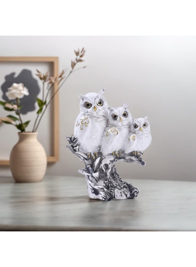 Three Owls on Branch Figurine, White Resin Home Decor Sculpture - Image 4