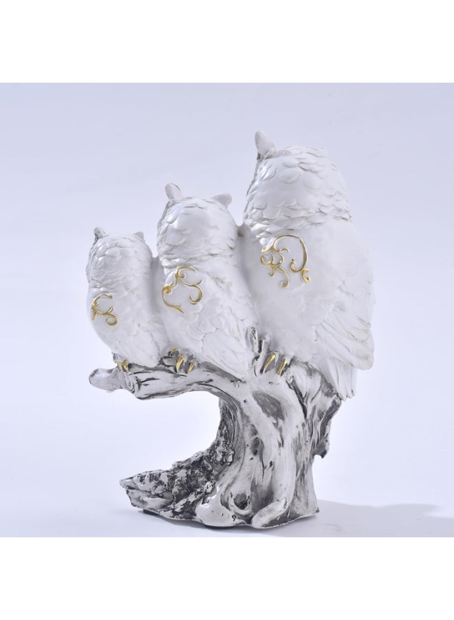 Three Owls on Branch Figurine, White Resin Home Decor Sculpture - Image 2