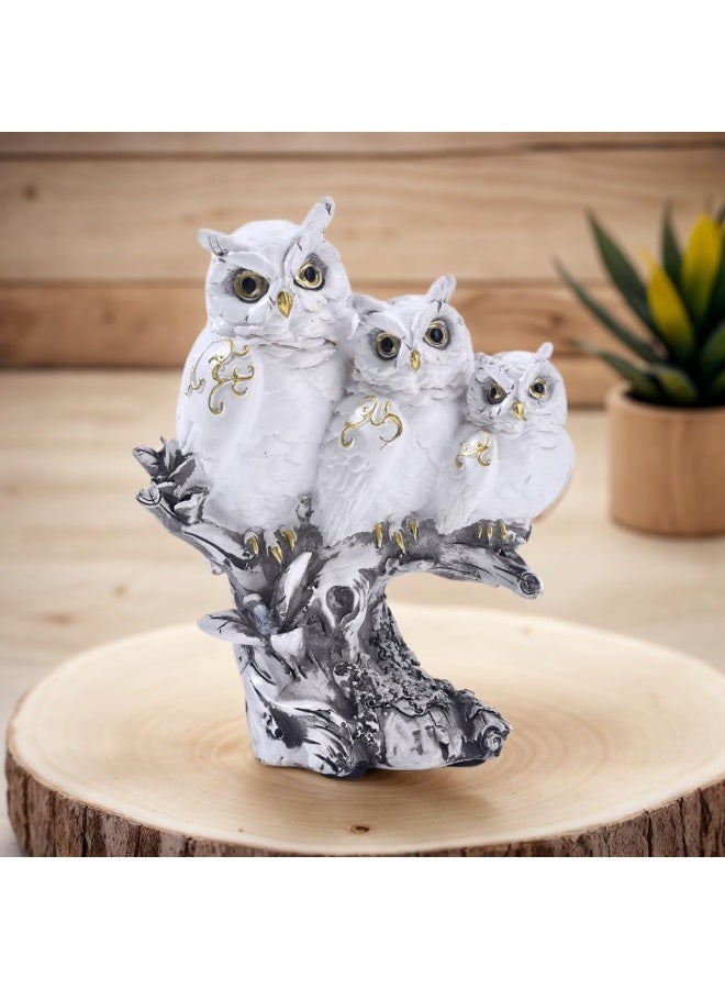 Three Owls on Branch Figurine, White Resin Home Decor Sculpture - Image 1