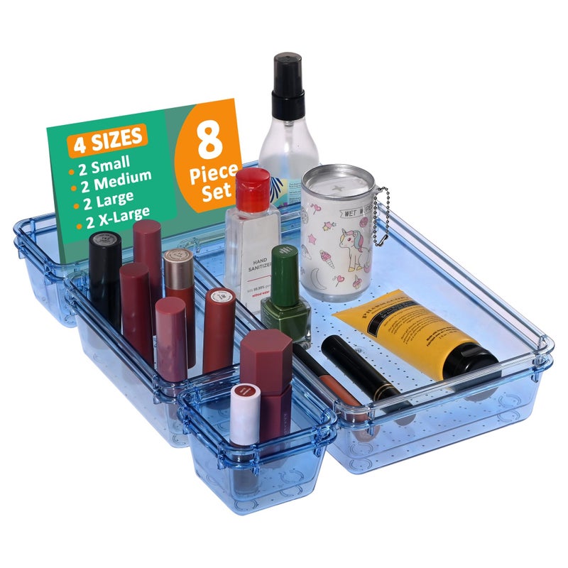 Kuber Industries 8 Pcs Acrylic Transparent Cosmetic Organizer Tray | Drawers Organisers for Kitchen, Office and Bathroom Vanity Makeup | Stationery Storage Drawer Divider Tray | Sea Blue - Image 1