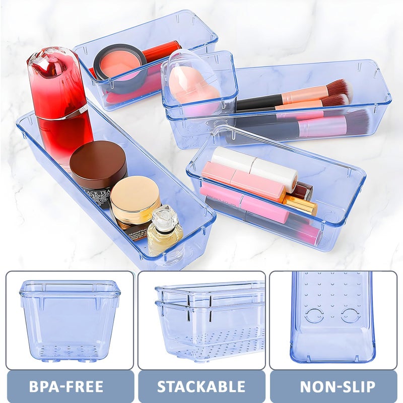 Kuber Industries 8 Pcs Acrylic Transparent Cosmetic Organizer Tray | Drawers Organisers for Kitchen, Office and Bathroom Vanity Makeup | Stationery Storage Drawer Divider Tray | Sea Blue - Image 5