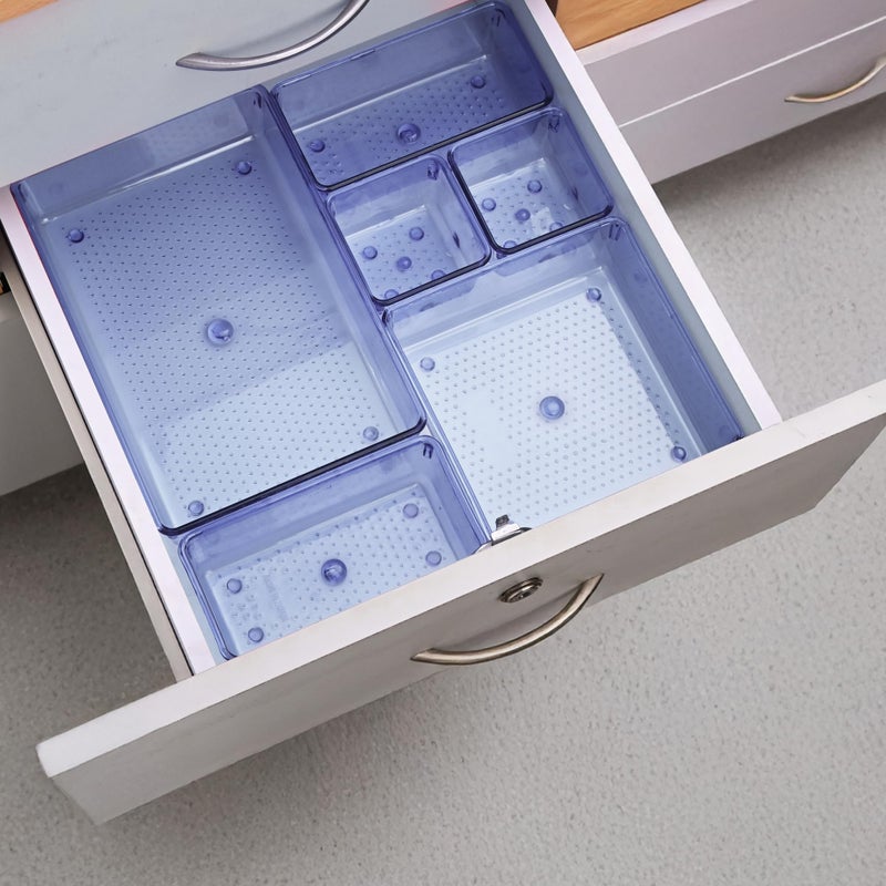 Kuber Industries 8 Pcs Acrylic Transparent Cosmetic Organizer Tray | Drawers Organisers for Kitchen, Office and Bathroom Vanity Makeup | Stationery Storage Drawer Divider Tray | Sea Blue - Image 2