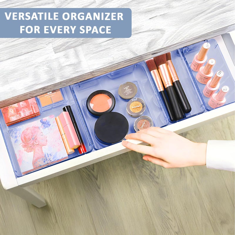 Kuber Industries 8 Pcs Acrylic Transparent Cosmetic Organizer Tray | Drawers Organisers for Kitchen, Office and Bathroom Vanity Makeup | Stationery Storage Drawer Divider Tray | Sea Blue - Image 4