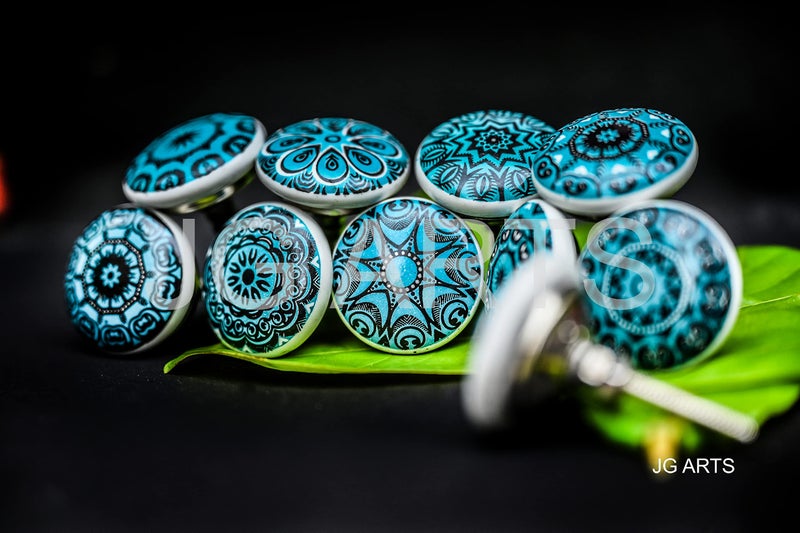 JGARTS Aqua Green Vintage Look Flower Ceramic Knobs Door Handle Cabinet Drawer Cupboard Pull Mandala Xfer New (10) - Image 2