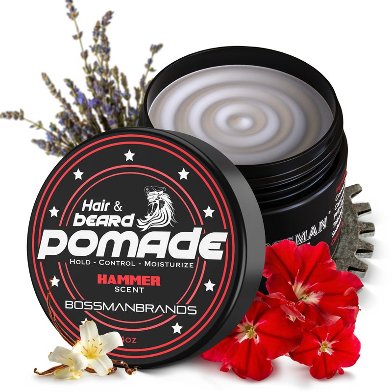 Bossman Hair & Beard Pomade - All Day Hold, Control and Moisturizing Hair, Beard and Moustache Styling Product - Natural Strong Hold Pomade - Made in USA (Hammer Scent) - Image 1