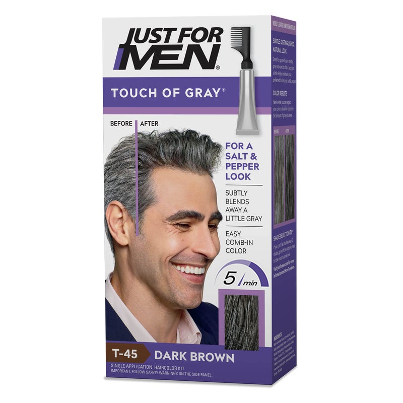 Just For Men مجرد للرجال لمسة من الرمادي، مجموعة صبغة شعر للرجال مع مشط للتطبيق السهل، رائعة لمظهر الملح والفلفل - بني داكن، T-45، عبوة من 1 - Image 1