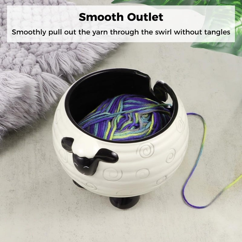 Ceramic Yarn Bowl with Outlet, Sheep-Themed Tangle-Free Holder for Knitting and Crocheting, Ideal for Needlework and Decoration - Image 3