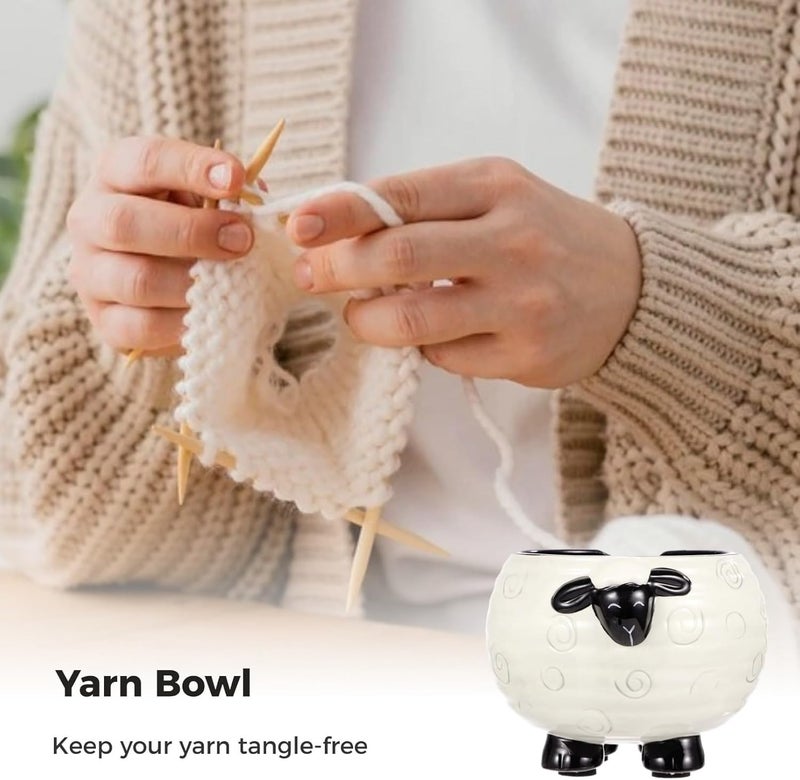 Ceramic Yarn Bowl with Outlet, Sheep-Themed Tangle-Free Holder for Knitting and Crocheting, Ideal for Needlework and Decoration - Image 2